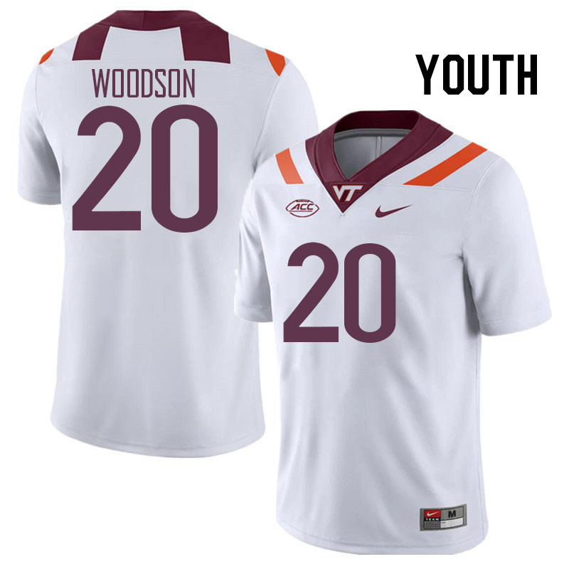 Youth #20 Caleb Woodson Virginia Tech Hokies College Football Jerseys Stitched Sale-White - Click Image to Close